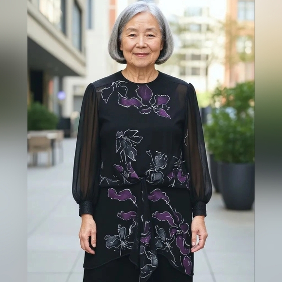 Vintage,Evening Cocktail Dress Black Patterned Chiffon Panels over Black - Picture 11 of 15